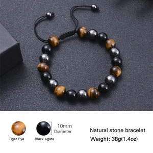 10mm Tiger Eye and Black Agate adjustable natural stone bracelet for yoga and meditation