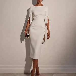 Elegant white slim fit midi dress with pearl beaded split flared sleeves for formal wear