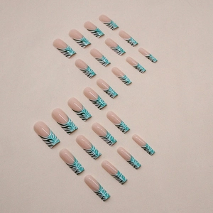 Green and white abstract wave pattern long square press-on nails with flame design