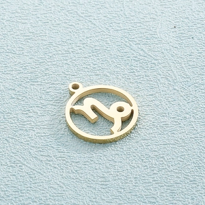 Detailed macro view of a gold Capricorn zodiac pendant on a light blue textured background