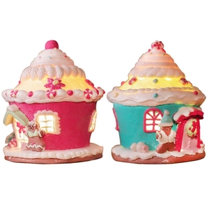 Luminous Christmas gingerbread house set with pink and blue candy castle ornaments