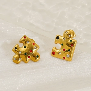 18k gold plated puzzle stud earrings with colorful crystal stones for women