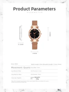 Details zur Roségold-Quarzuhr mit Sternenzifferblatt und Magnet-Gliederarmband