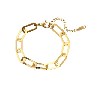 18K gold plated stainless steel paperclip chain bracelet set with 9mm links and K18 tag