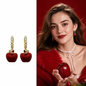 Red Apple Pendant Hoop Earrings Copper 18K Gold Plated Zircon Fruit Dangle Fashion Jewelry For Women Cute Elegant