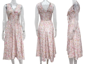 Detailed views of floral print V-neck maxi dress with slim fit and pink chiffon fabric