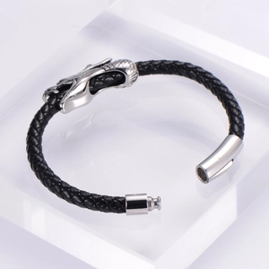 Pulsera vintage para hombre de cuero trenzado negro con cierre de cabeza de dragón de plata