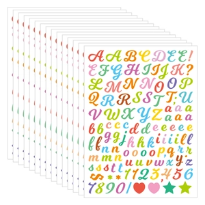 Close-up of colorful waterproof English alphabet and number stickers for DIY crafts