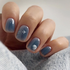 Short Square Plastic Press On Nails Blue Gradient Starry Sky Moon Plane Pattern Artificial Fingernails For Women
