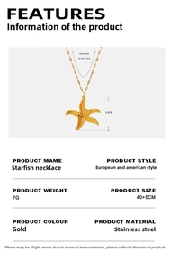 Detailed size specifications for gold starfish pendant necklace in stainless steel