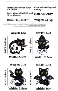 Detailed size specifications for Halloween black cat enamel pins and alloy skull badges