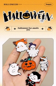 Set of six colorful Halloween enamel pins featuring ghosts and pumpkin motifs