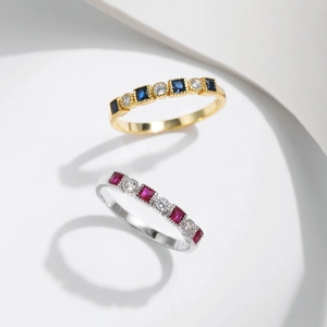 S925 silver vintage stacking rings with blue and red colorful gemstones and pavé accents