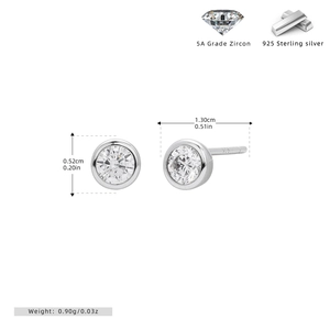 Detailed macro view showing S925 stamp, silver finish, and dimensions of round zircon studs