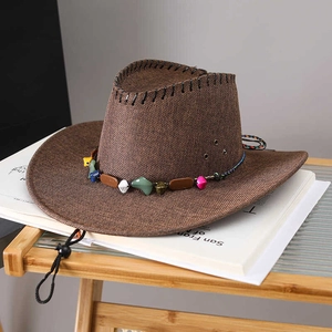 Chapeau de soleil en paille marron avec bande de pierre boho et cordon ajustable