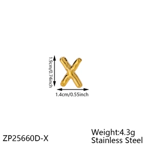 Detailed dimensions of golden bubble letter X pendant in stainless steel with measurements