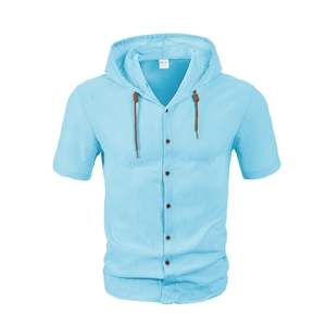 Sky blue linen hooded short sleeve shirt for men with wooden buttons and drawstrings