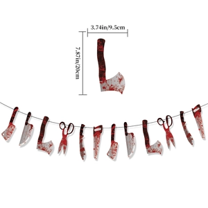 Bloody weapon banner garland for Halloween decor featuring scissors and saws