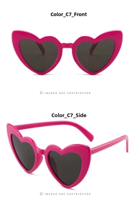 Front and side views of fashionable heart-shaped sunglasses in vibrant pink with dark lenses