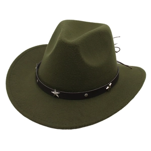 Classic army green wool felt western cowboy hat with star studded brown leather band