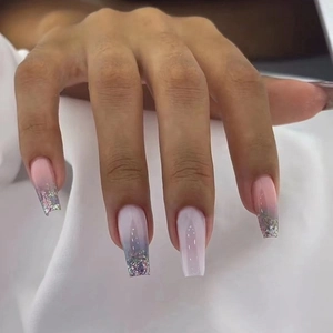 Long Coffin Shape Press On Nails Blue Pink Gradient Glitter Shimmer Artificial Glossy False Nails For Women