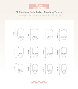 Size chart showing 12 sizes of short ballerina press-on nails with precise measurements