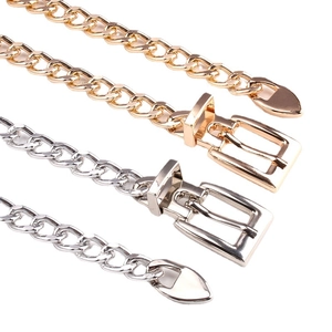 Fashionable gold and silver metal curb chain body belts with minimalist buckle and pointed ends