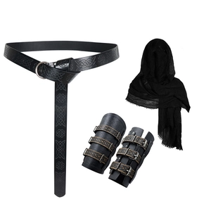 Detail view of a Viking medieval accessory set with Celtic knot embossed leather belt and bracers