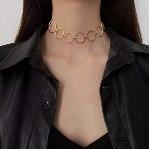 Fashion Geometric Circular Ring Choker Necklace For Women Electroplated Copper Linked Chain Statement Jewelry Gold Silver