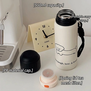 550ml cream stainless steel vacuum flask with cute dog print and tea strainer filter