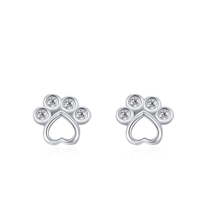 S925 sterling silver bear paw stud earrings with heart cutout and cubic zirconia