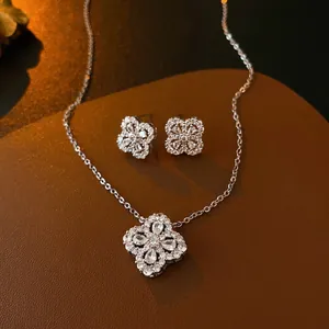 Elegant Clover Butterfly Flower Jewelry Copper Zircon Water Drop Necklace Earrings With Silver Earring Post Ring Bracelet