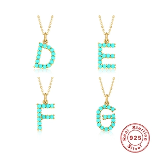 S925 sterling silver initial necklace featuring turquoise stone pave letter pendants