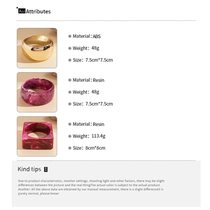 Detail chart of resin geometric bangles listing ABS and resin materials with dimensions