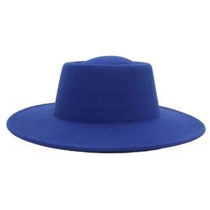 Royal blue wool felt fedora hat with flat top and wide brim for men and women
