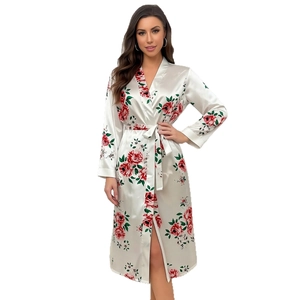 Floral satin robe for women with red rose print and elegant V-neck long sleeves