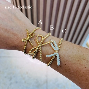 Handmade Beaded Elastic Bracelet 18K Gold Plated Copper Beads Imitation Artificial Pearl Bow Accent Elegant Jewelry For Women