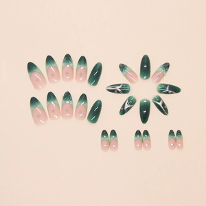 Dark green gradient press-on nails with silver 3D stars and pearls in long stiletto shape