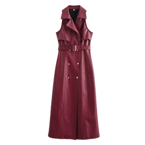 Mouwloze PU-Leren Maxi-Jurk Met Riem Dubbele Knoppen Reverskraag Motorstijl Elegante Effen Kleur Bordeauxrood