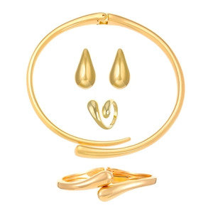 Detailed view of a gold-toned jewelry set with necklace and bracelet in a creative layout
