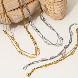 Bijoux En Acier Inoxydable Pour Femmes Avec Colliers Et Bracelets À Chaînes Multiples Et Perles Métalliques Olives Polies
