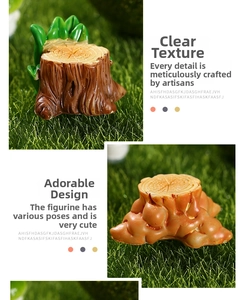 Detailed view of miniature resin tree stump with realistic wood grain and green leaves