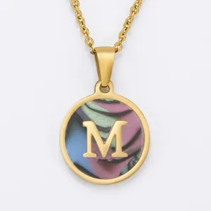 Initial Letter Necklace 18K Gold Plated 304 Stainless Steel Iridescent Mother Of Artificial Pearl Round Disc Pendant For Women