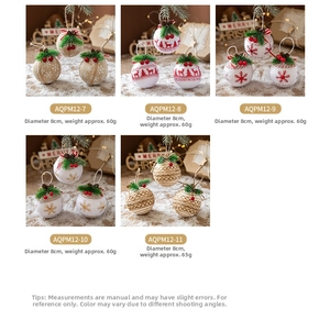 Detail of five 8cm Christmas ball ornaments with burlap, pine needles and pine cones