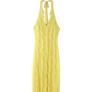 Slim fit yellow chiffon halter maxi dress with layered ruffle details on a white background