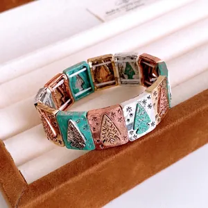 Multicolor Christmas tree embossed stretch bracelet in vintage metal finish for women