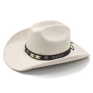 Classic cream cowboy hat with faux suede finish and decorative beaded ethnic hatband