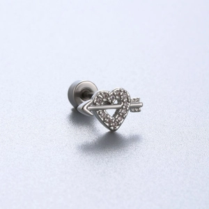 Titanium steel heart-shaped arrow stud earring with sparkling crystals and ball back