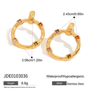 Detail showing dimensions and colorful cubic zirconia on stainless steel hoop earrings
