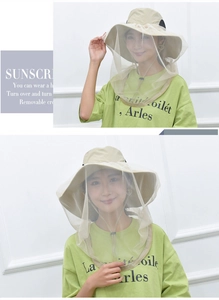Detail of breathable wide brim sun hat with adjustable mesh veil and drawstring